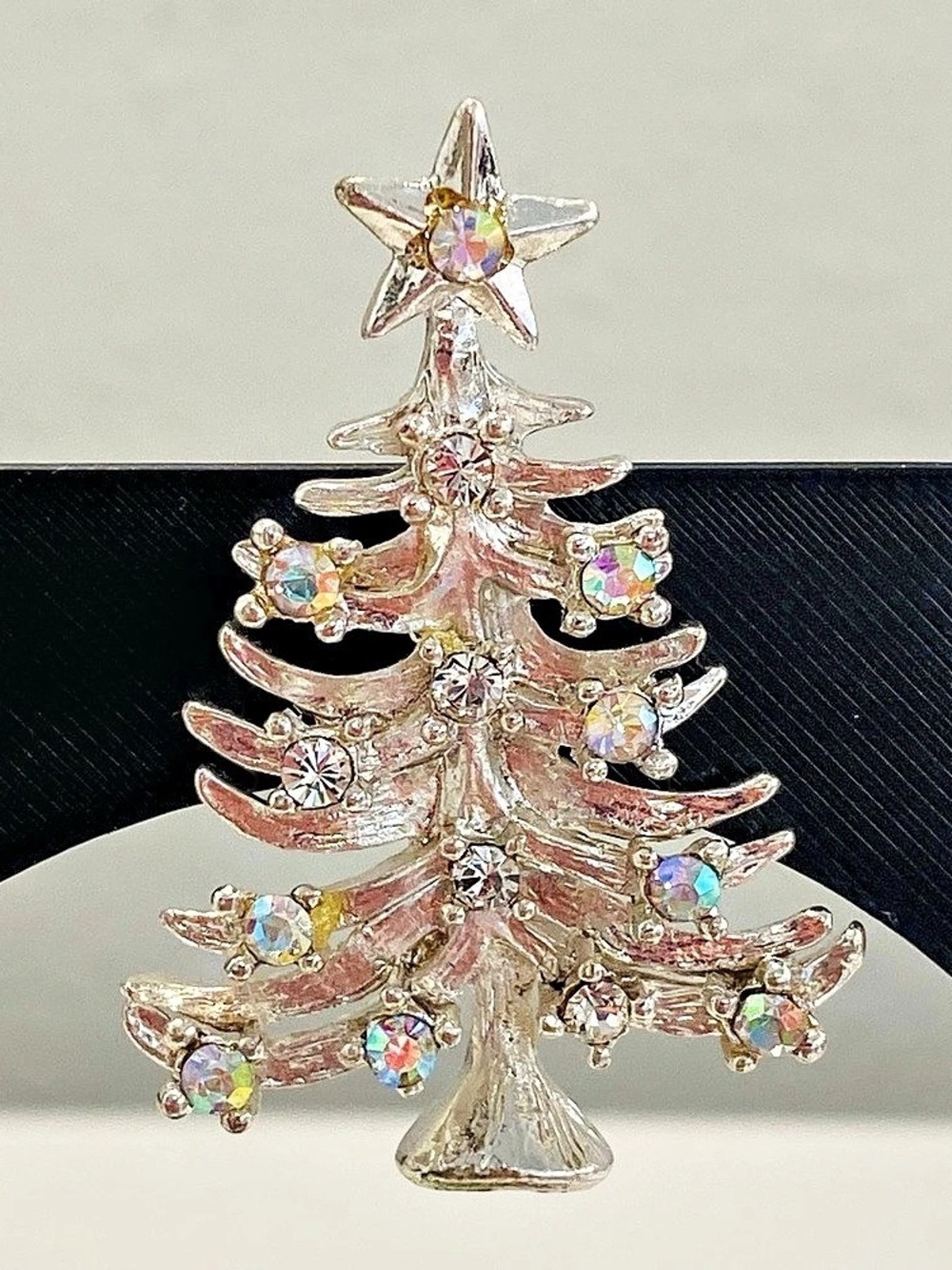 Vintage Christmas Tree Brooch Silver Tone White & AB Rhinestones Holiday Pin